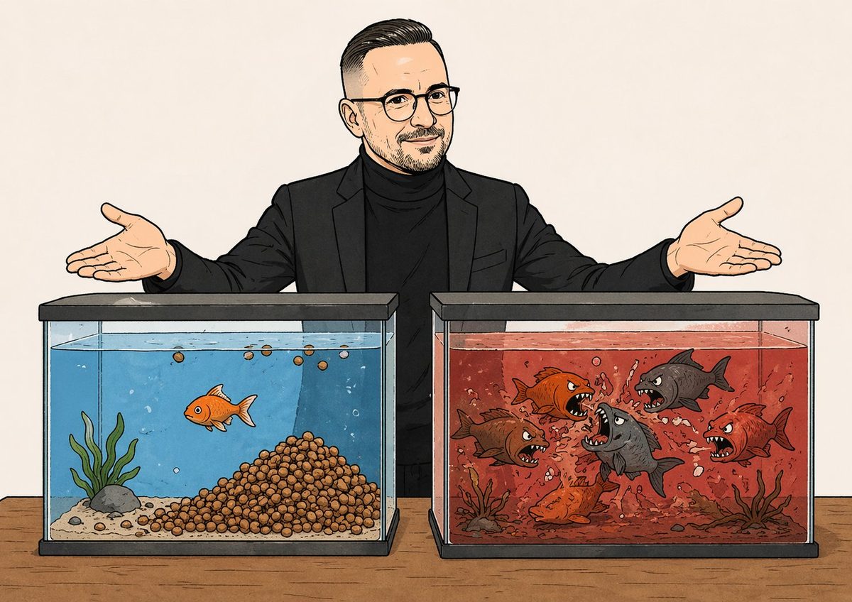 Один аквариум с кормом и одной рыбкой против аквариума с пираньями