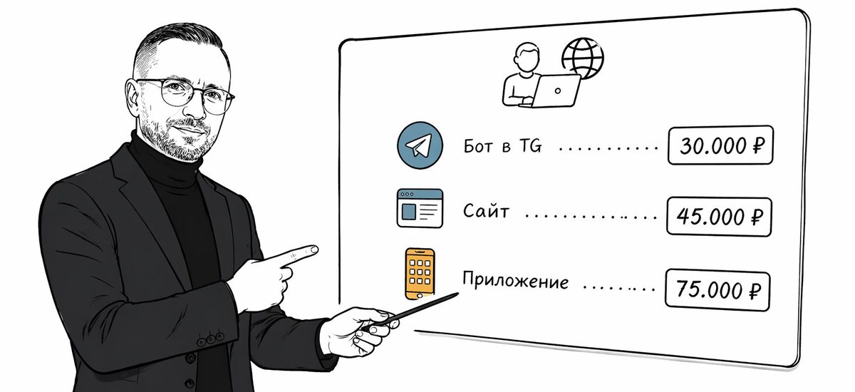 Бот в TG — 30 000 ₽, Сайт — 45 000 ₽, Приложение — 75 000 ₽